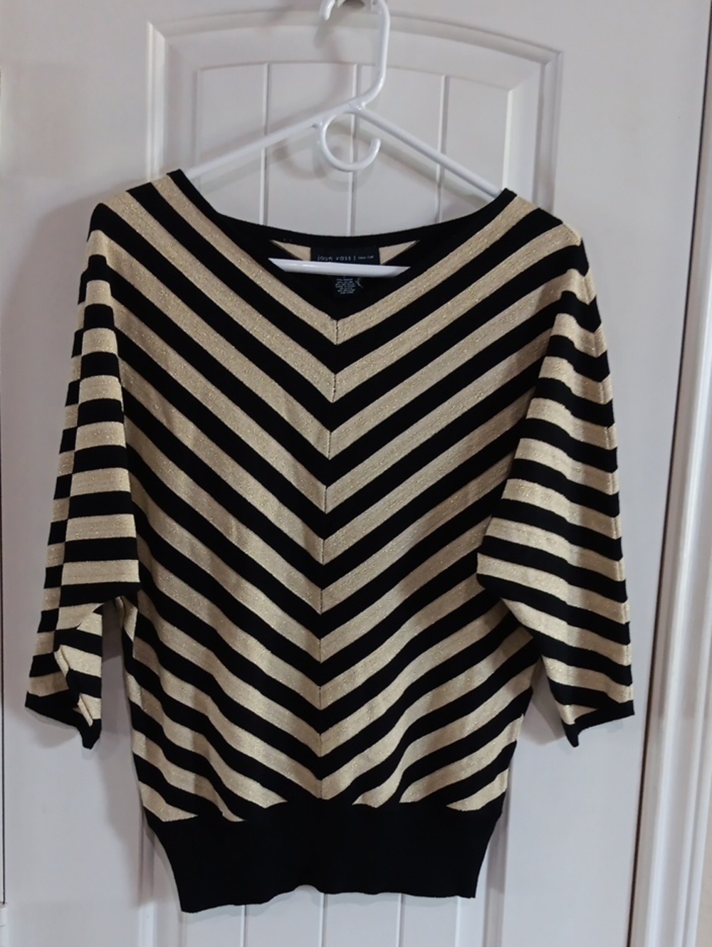 NWT Joan Vass NY Black Gold Lurex Metallic Chevron Stripe Knit Sweater Small